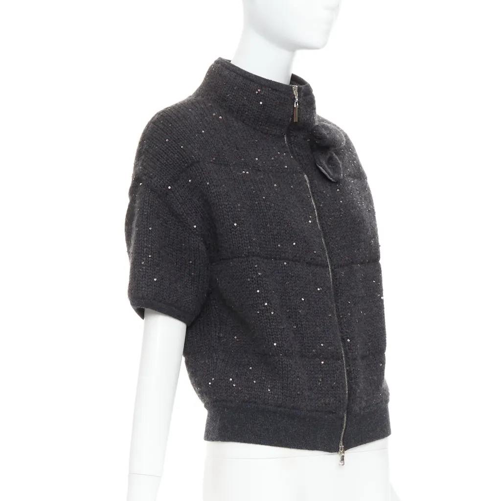 Brunello Cucinelli Sequin Padded Cardigan Grey Cashmere Very good - Model View