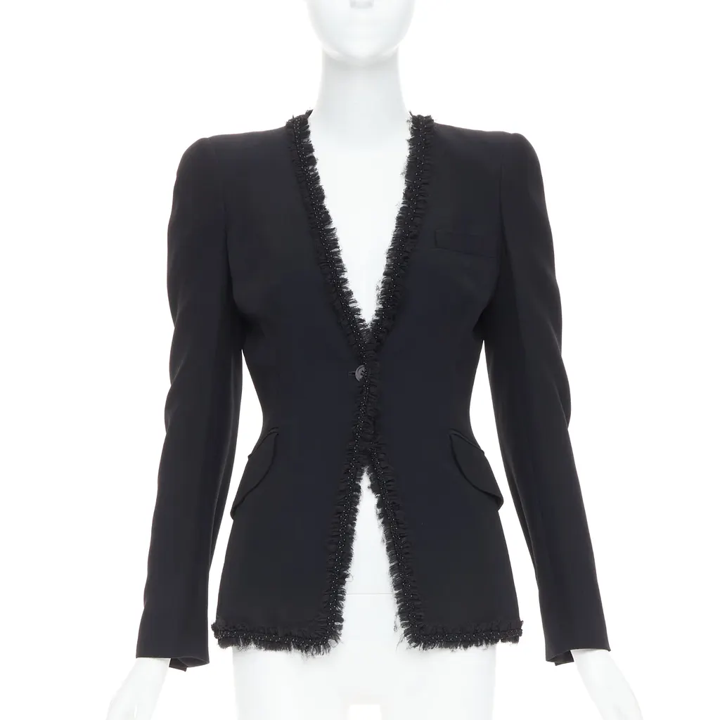 Alexander McQueen Beads Ruffle Blazer Black Viscose Very good - Front View