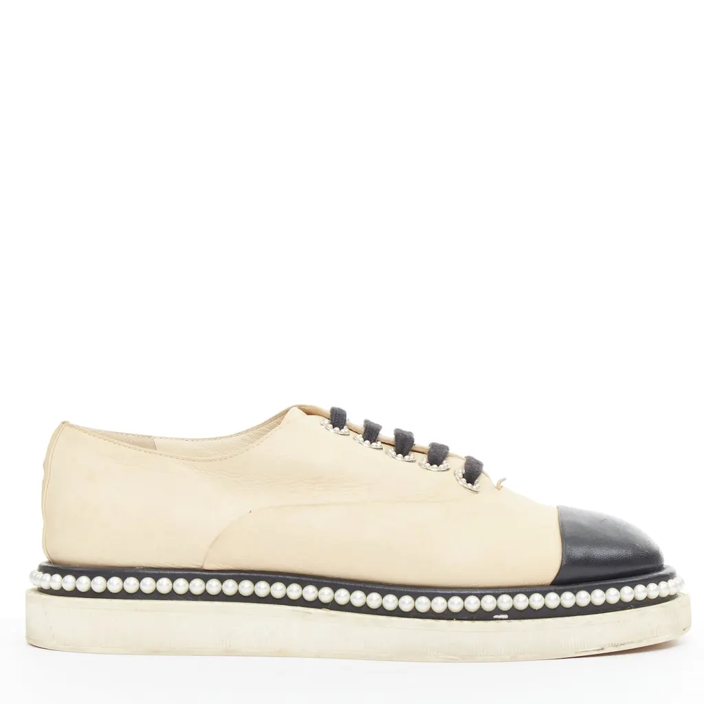 Chanel Leather Pearl Derbies Beige Leather Fair - Front View