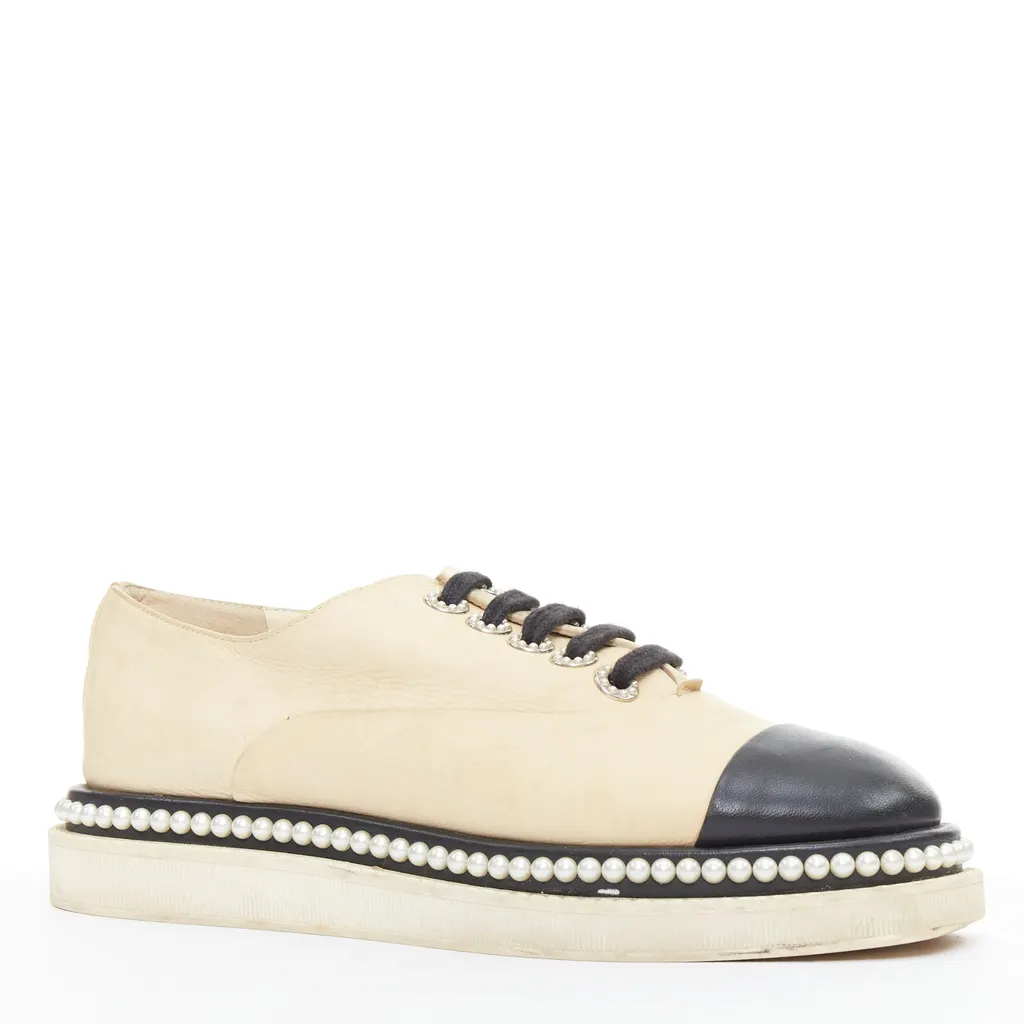 Chanel Leather Pearl Derbies Beige Leather Fair - Back View