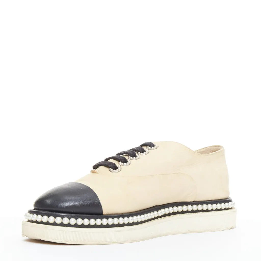 Chanel Leather Pearl Derbies Beige Leather Fair - Inside View