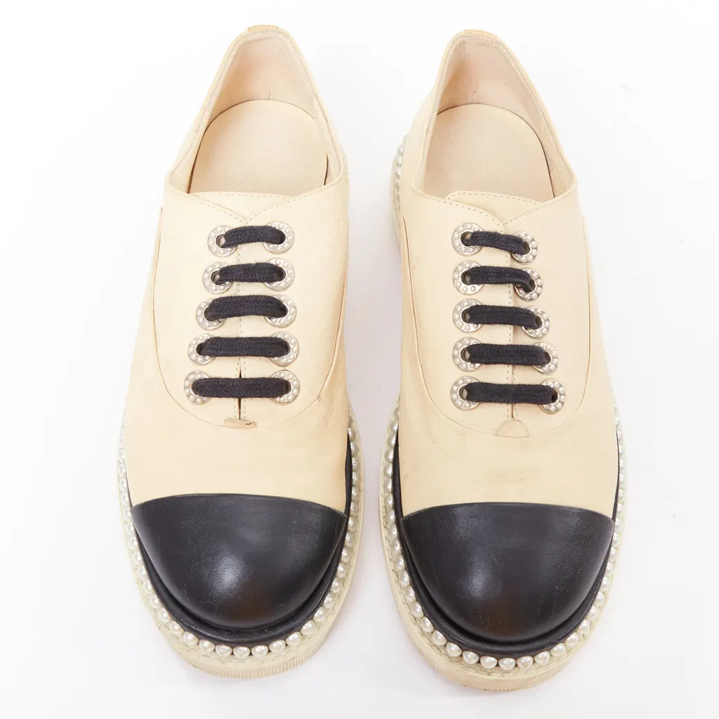 Chanel Leather Pearl Derbies Beige Leather Fair - Model View