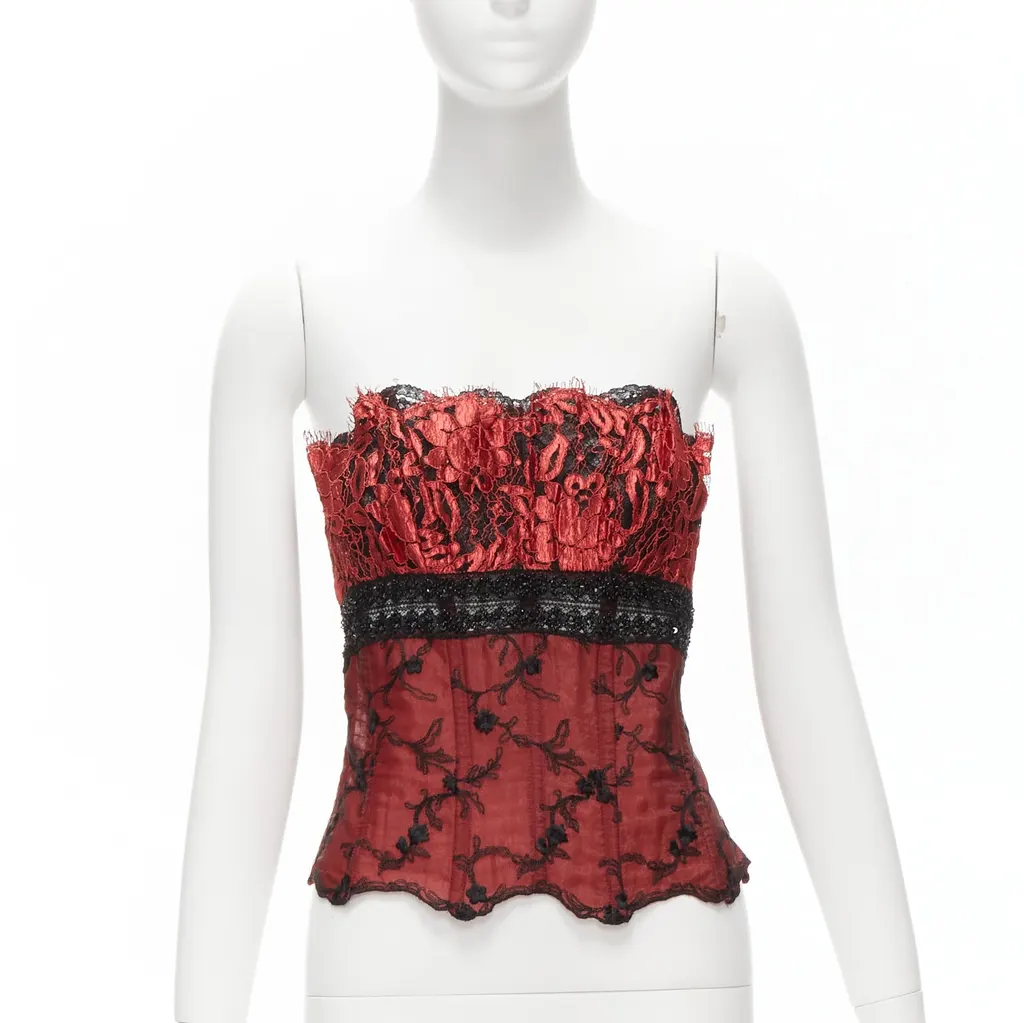 La Perla Beaded Lace Bustier Red Viscose Never worn - Front View