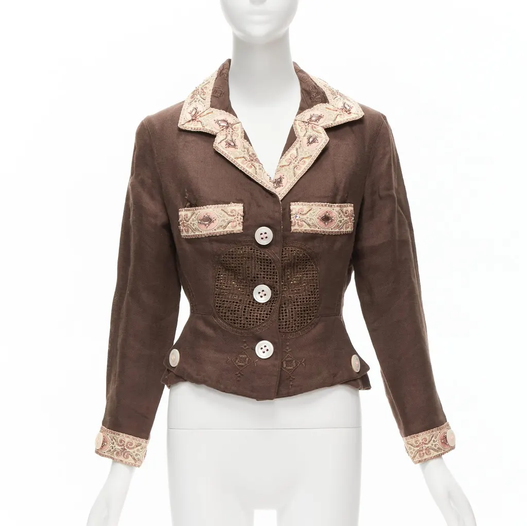 Unsigned Embroidery Blazer Brown Linen Never worn - Front View