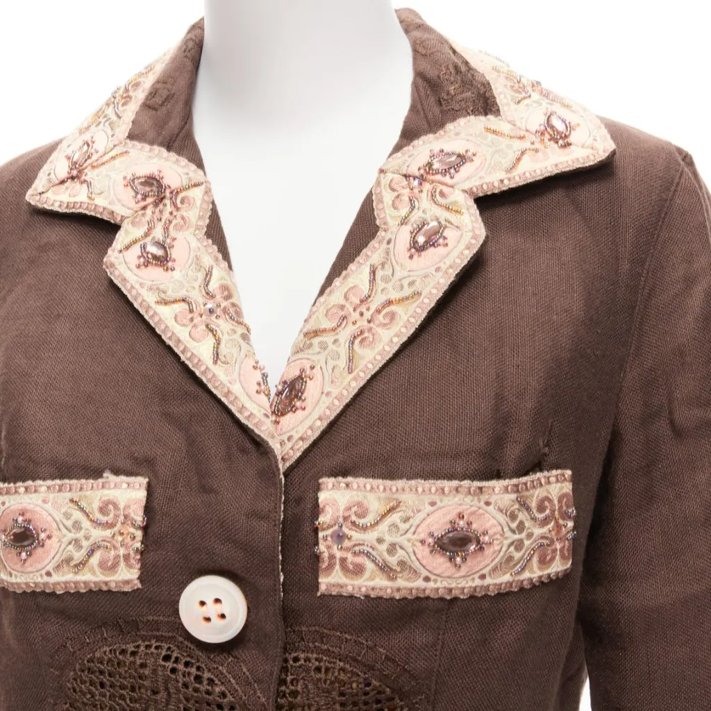 Unsigned Embroidery Blazer Brown Linen Never worn - Back View