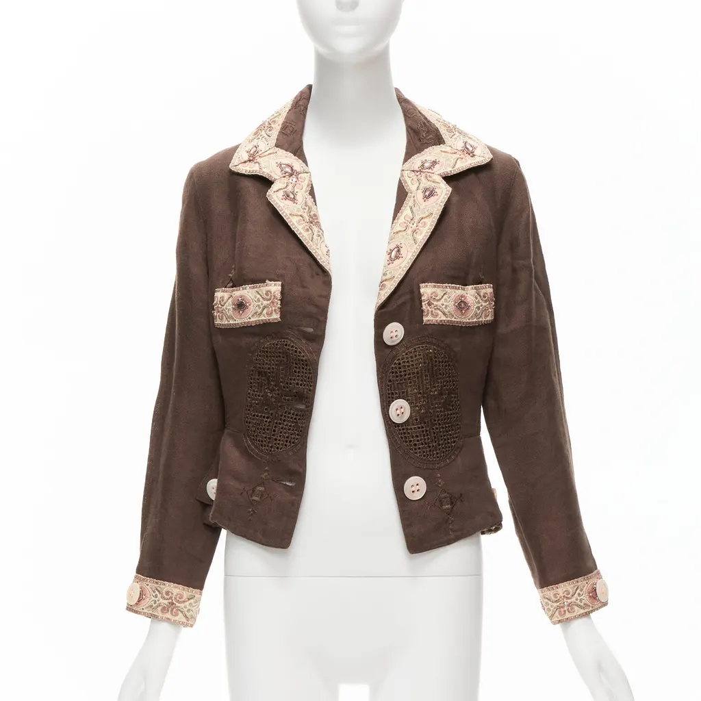 Unsigned Embroidery Blazer Brown Linen Never worn - Inside View