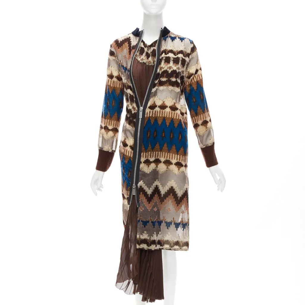 Sacai Ethnic Devore Dress Brown Never worn - Front View