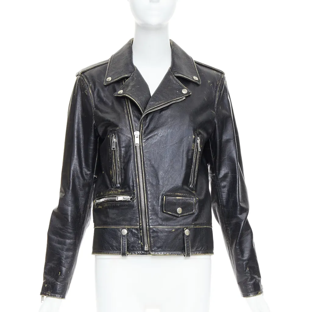 Saint Laurent Black Calfskin Biker Jacket Black Leather Very good - Front View