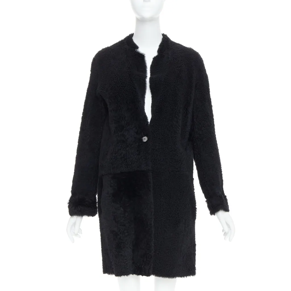 KARL DONOGHUE Black Shearling Long Coat Black Leather Very good - Front View