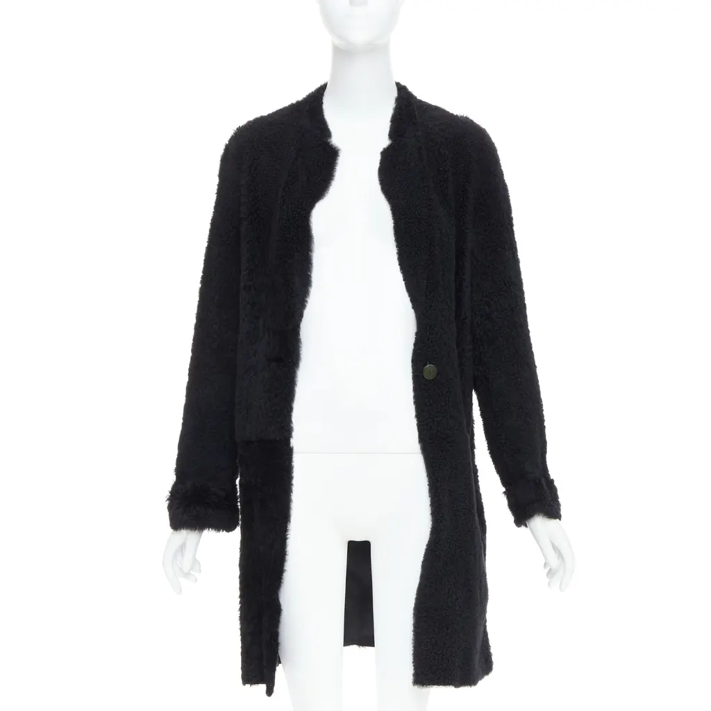 KARL DONOGHUE Black Shearling Long Coat Black Leather Very good - Inside View