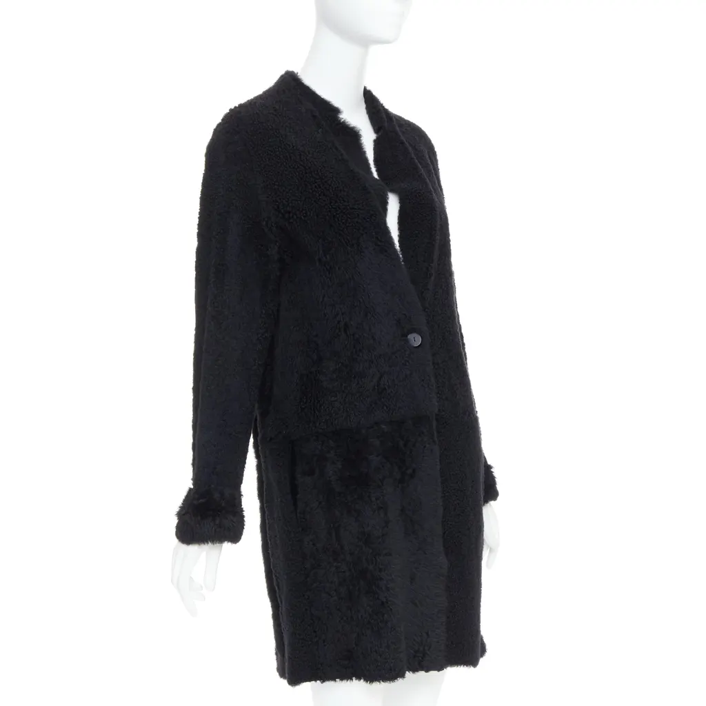 KARL DONOGHUE Black Shearling Long Coat Black Leather Very good - Model View