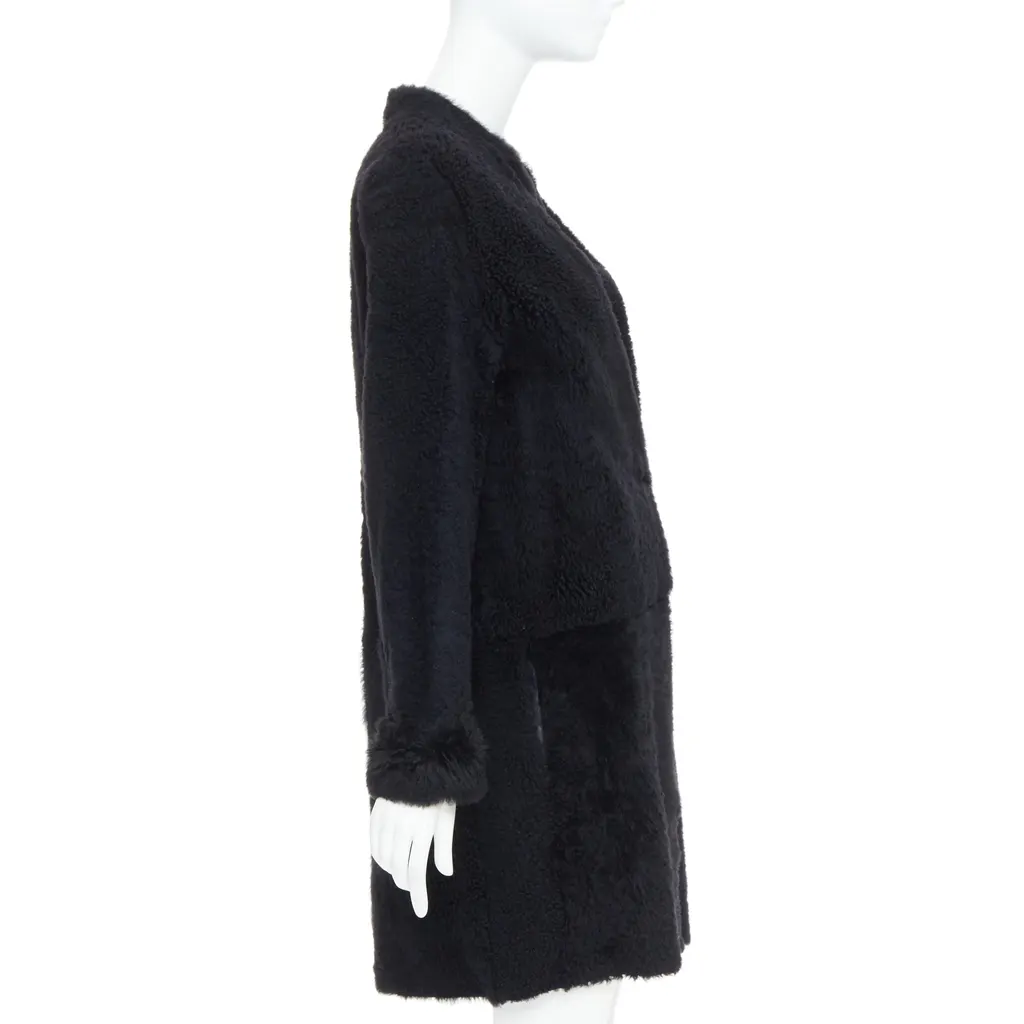 KARL DONOGHUE Black Shearling Long Coat Black Leather Very good - Box View
