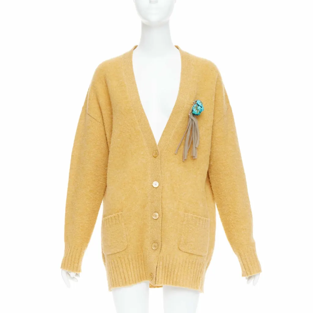 Gucci Floral Brooch Cardigan Yellow Wool Very good - Front View