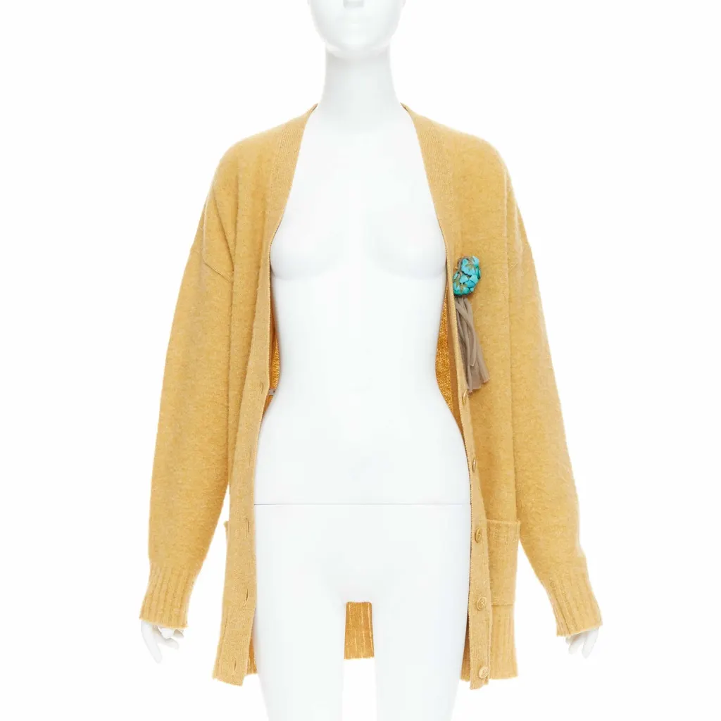 Gucci Floral Brooch Cardigan Yellow Wool Very good - Inside View