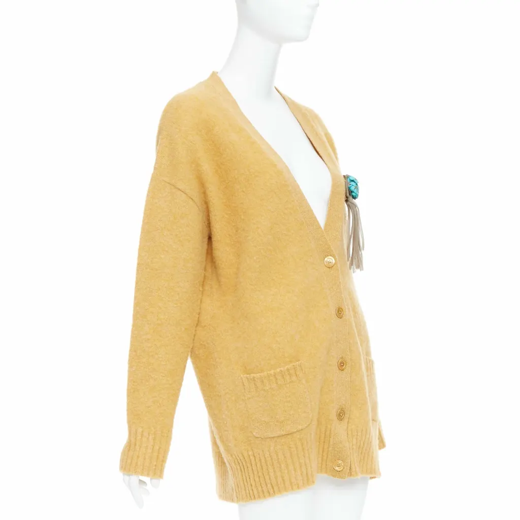 Gucci Floral Brooch Cardigan Yellow Wool Very good - Model View