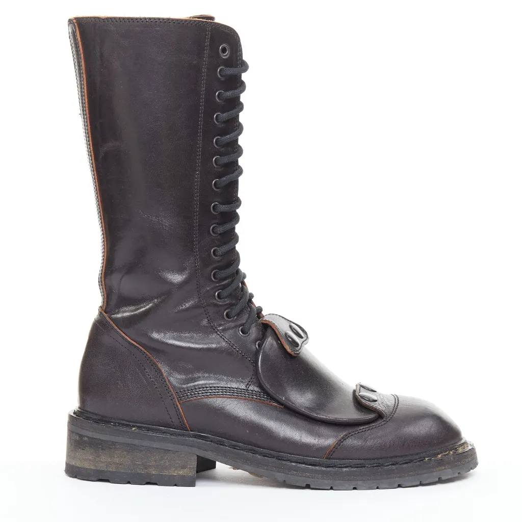 Ann Demeulemeester Panelled Long Flat Boots Black Leather Very good - Front View