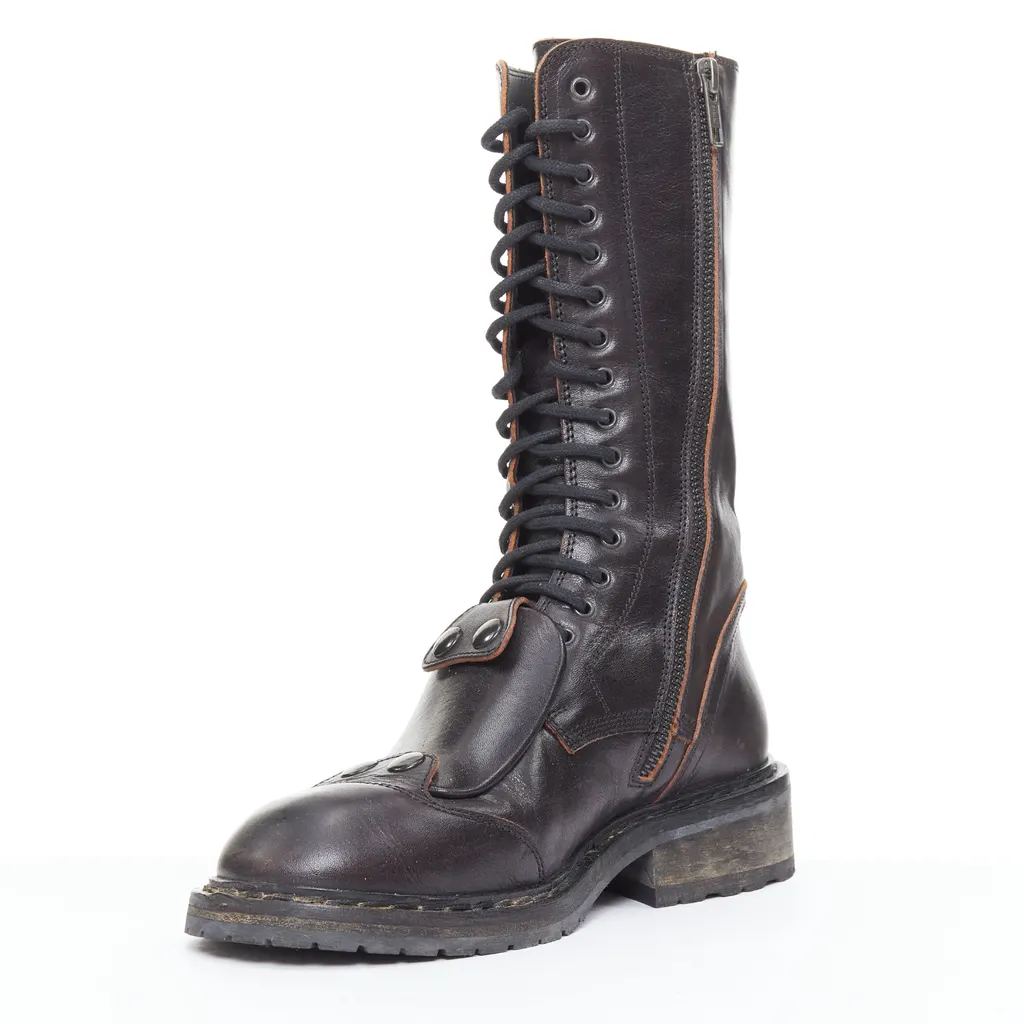 Ann Demeulemeester Panelled Long Flat Boots Black Leather Very good - Model View