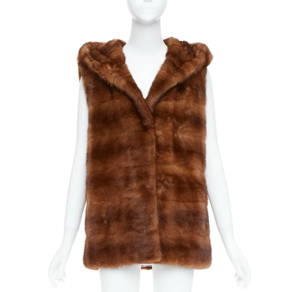 Lucia Pieri Black Shawl Vest Jacket Brown Fur Very good - Front View