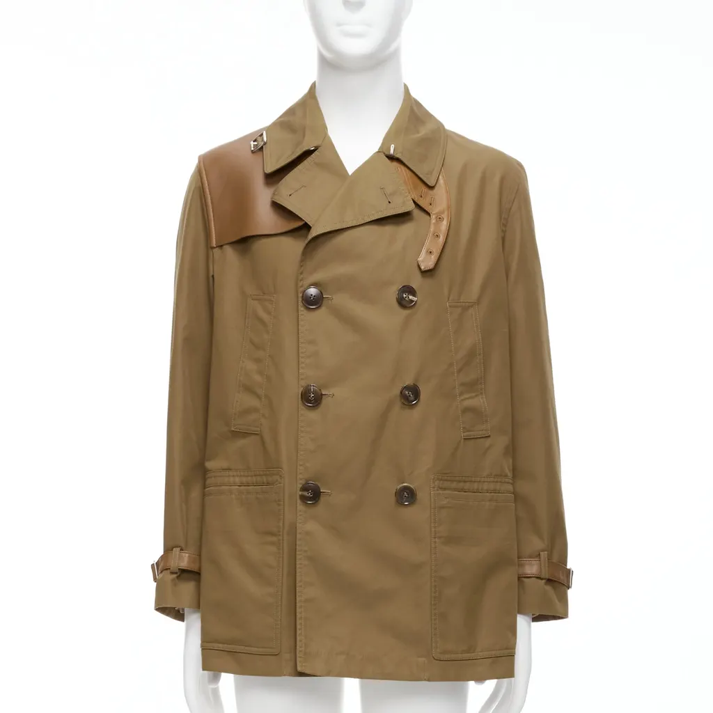 Gucci Brown Wool Trench Coat Brown Leather Very good - Front View