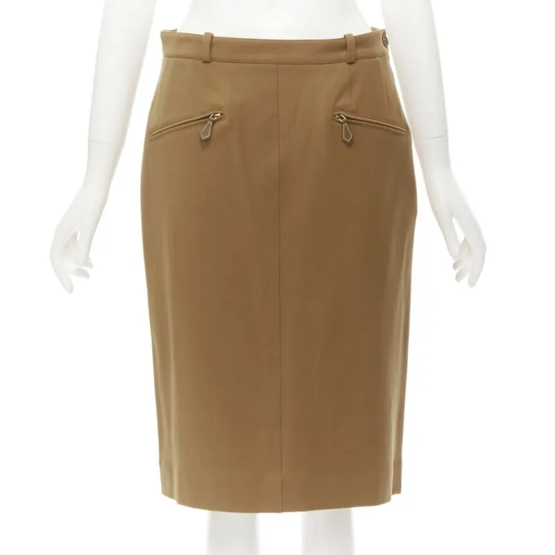 Hermès Leather Pencil Skirt Brown Wool Very good - Front View