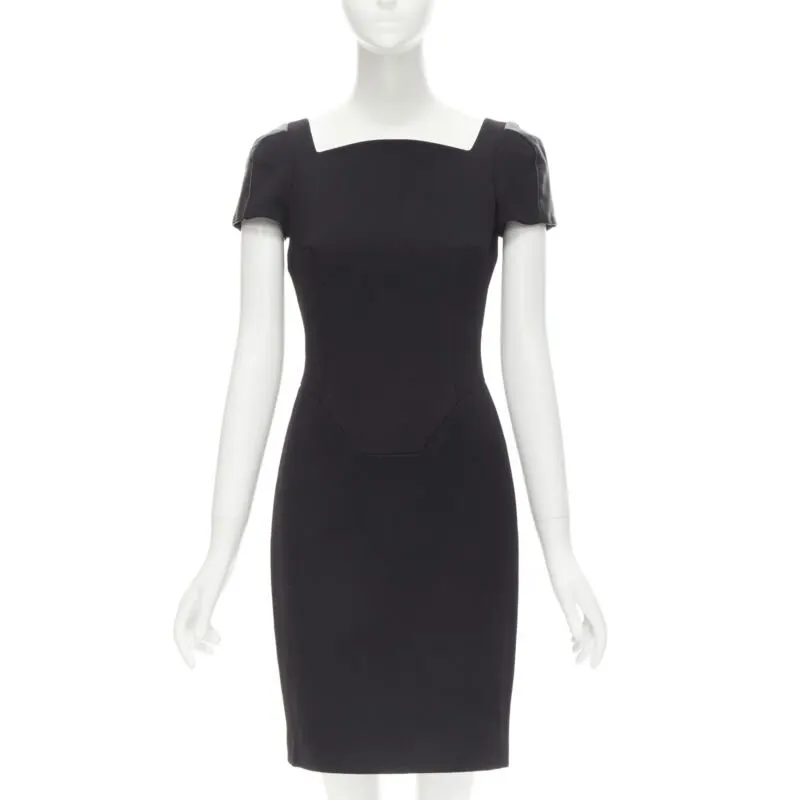 Versace Leather Seam Dress Black Wool Never worn - Front View