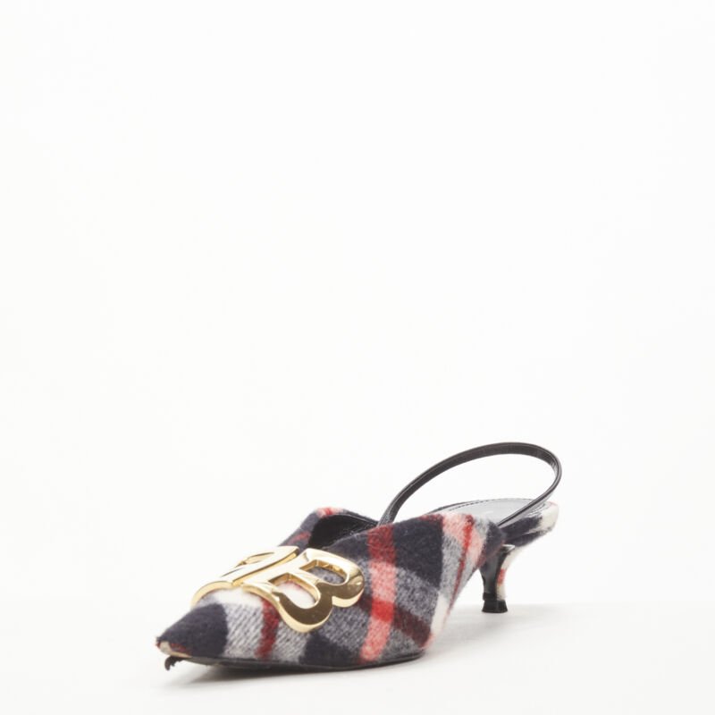 Balenciaga Plaid Wool Sling Pumps - 4