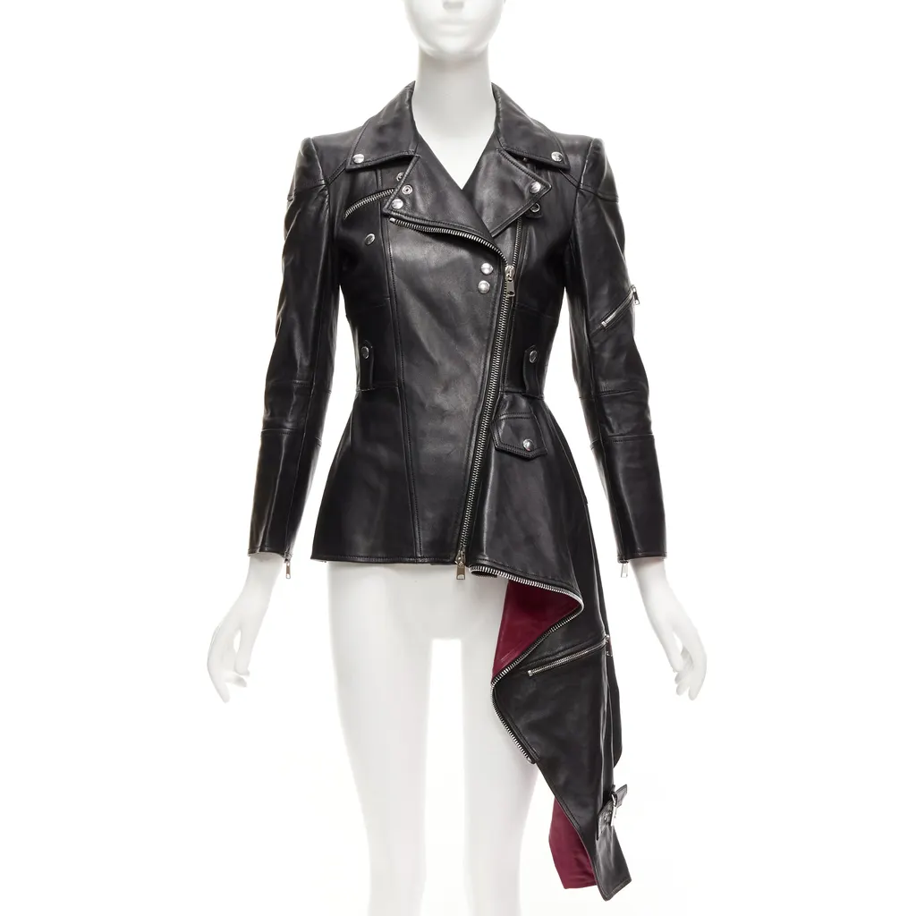 Alexander McQueen Black Zip Biker Jacket Black Leather Good - Front View