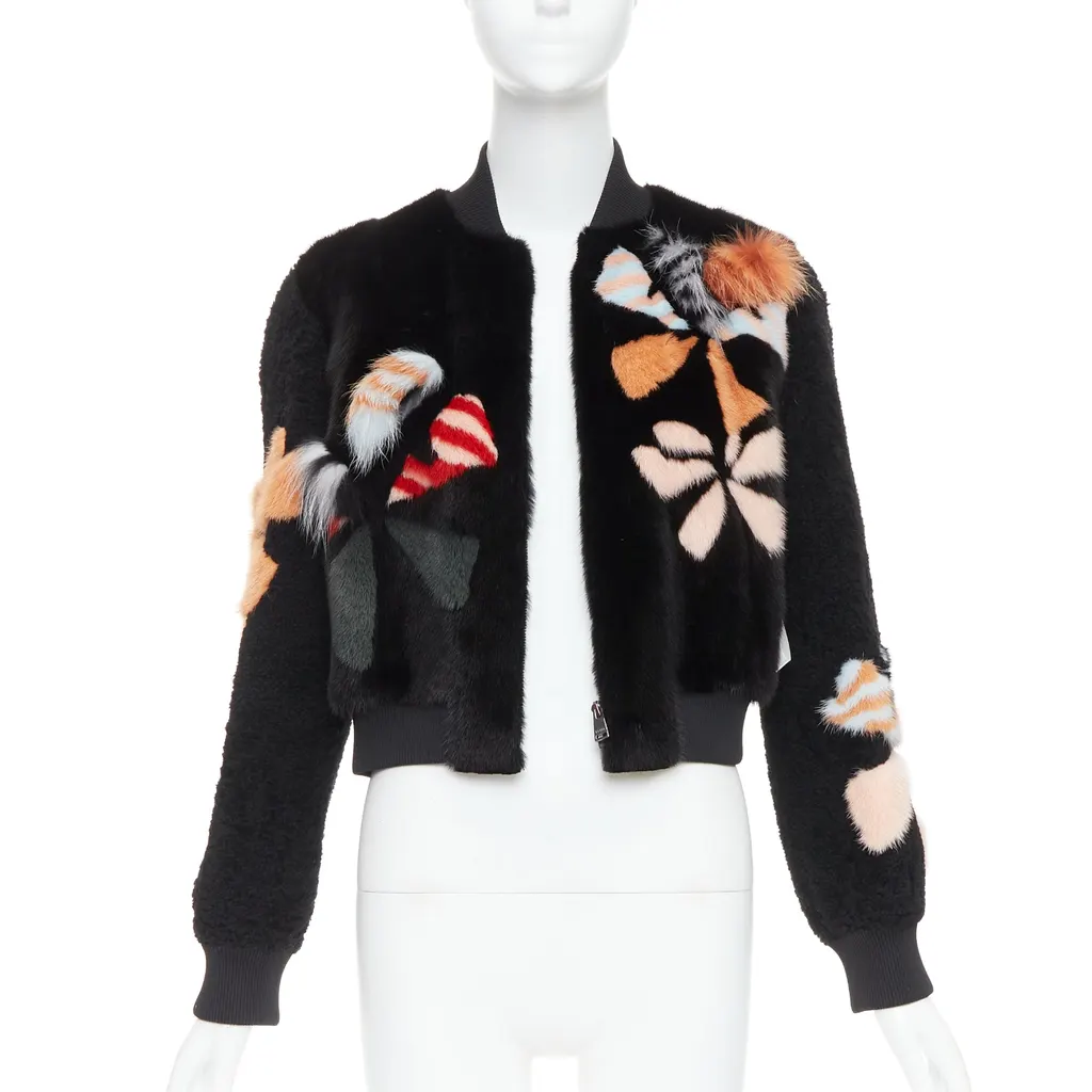 Fendi Black Fur Bomber Jacket MultiColor Fur Never worn, with tag - Inside View