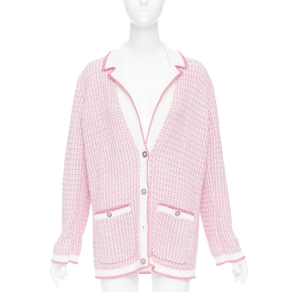 Chanel Metallic Buttons Cardigan Pink Cotton Very good - Front View