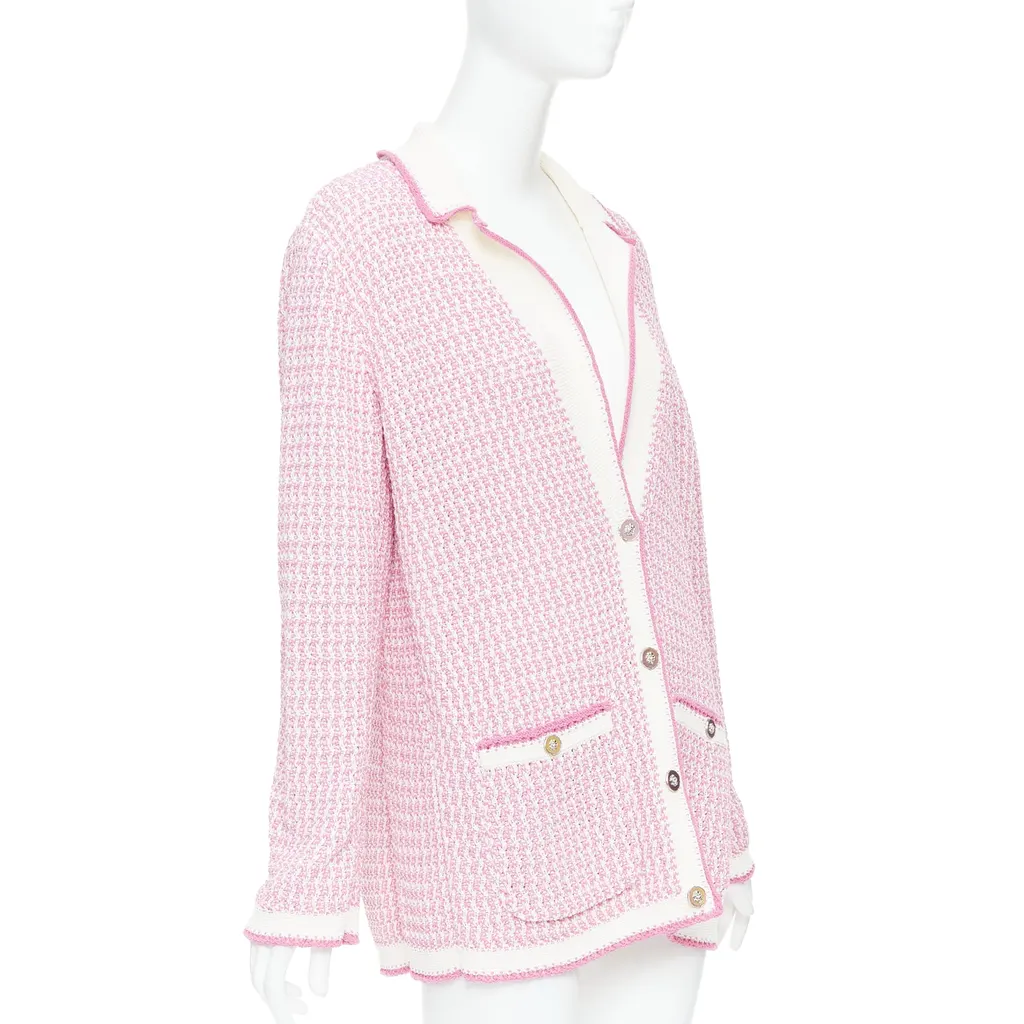 Chanel Metallic Buttons Cardigan Pink Cotton Very good - Model View