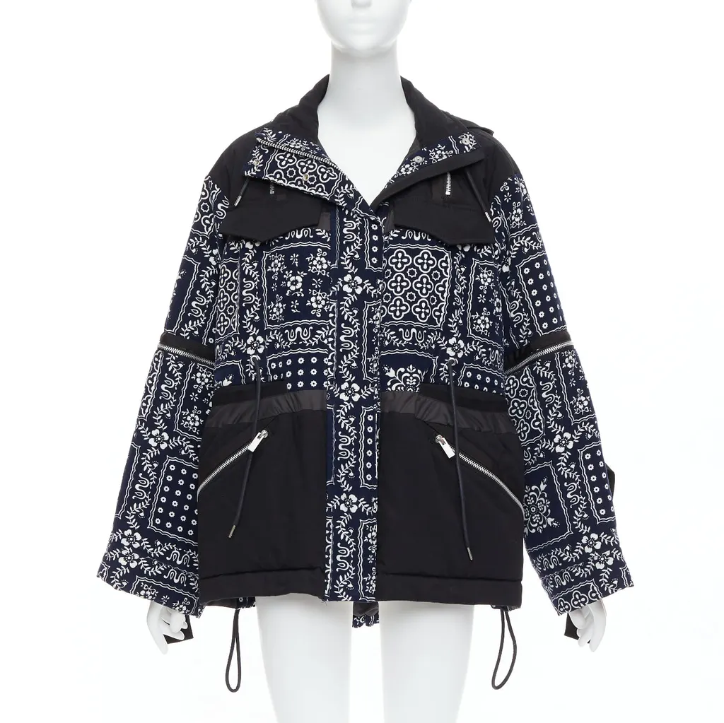 Sacai Navy Printed Padded Coat Black Cotton Never worn - Front View