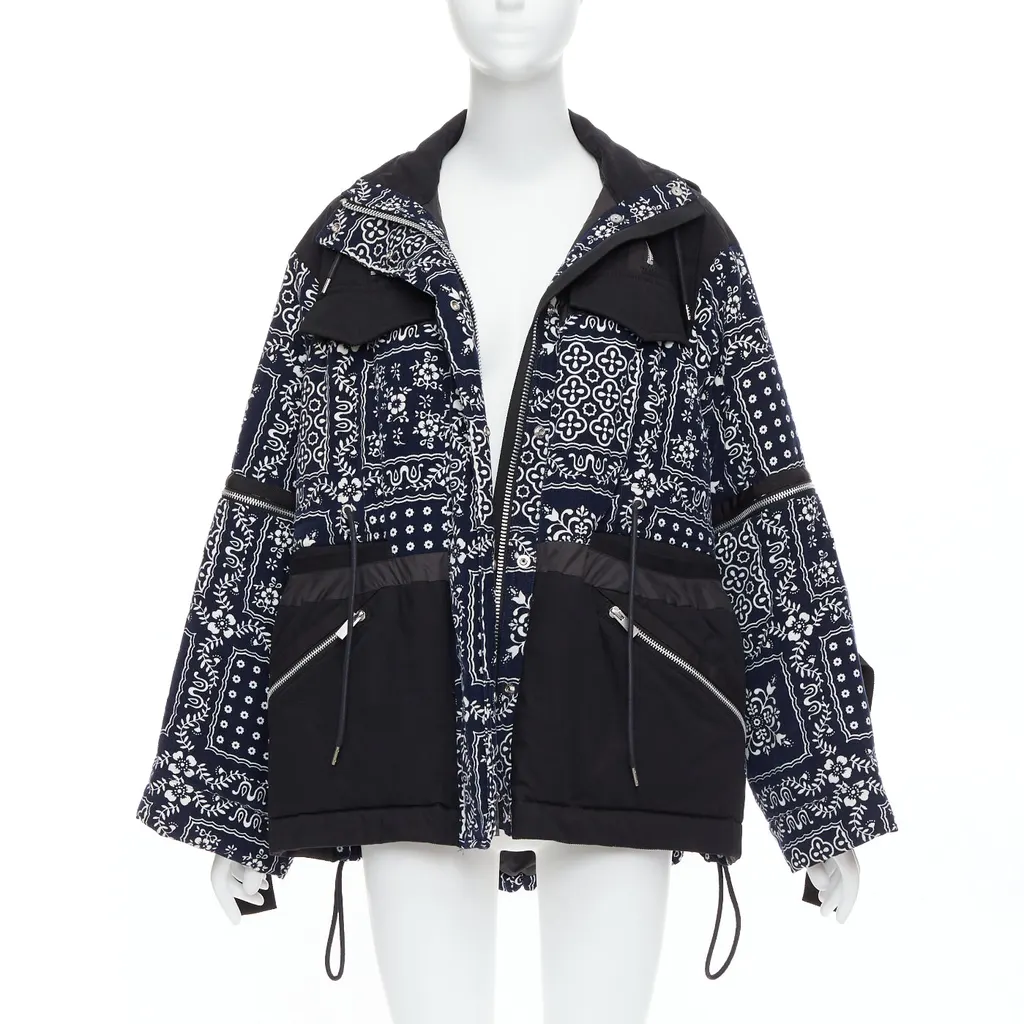 Sacai Navy Printed Padded Coat Black Cotton Never worn - Inside View
