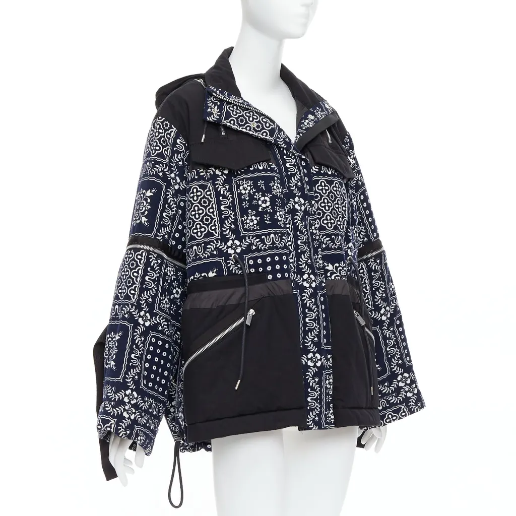 Sacai Navy Printed Padded Coat Black Cotton Never worn - Model View