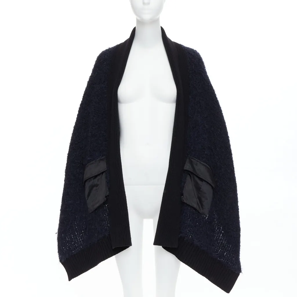 Sacai Pocketed High Low Cardigan Black Wool Good - Front View