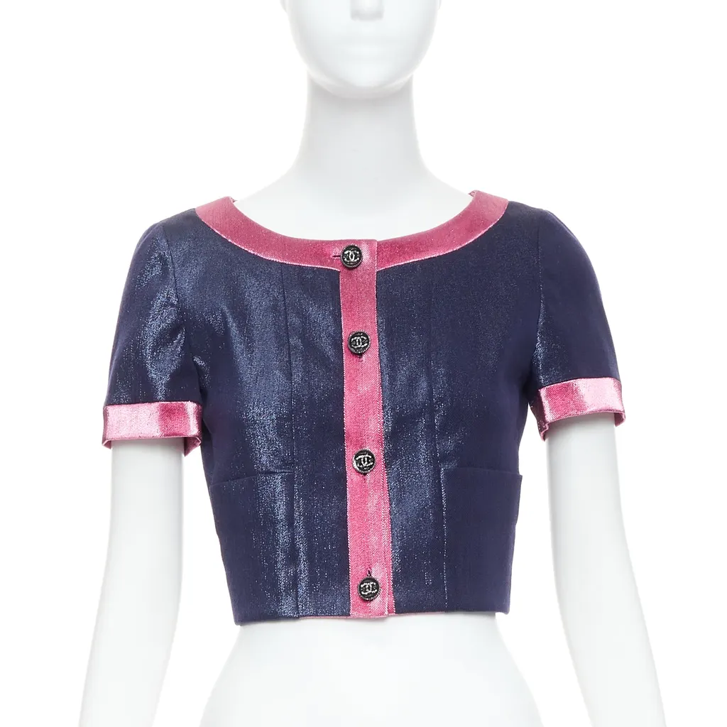 Chanel Navy Metallic Cropped Jacket Pink Wool Never worn, with tag - Front View