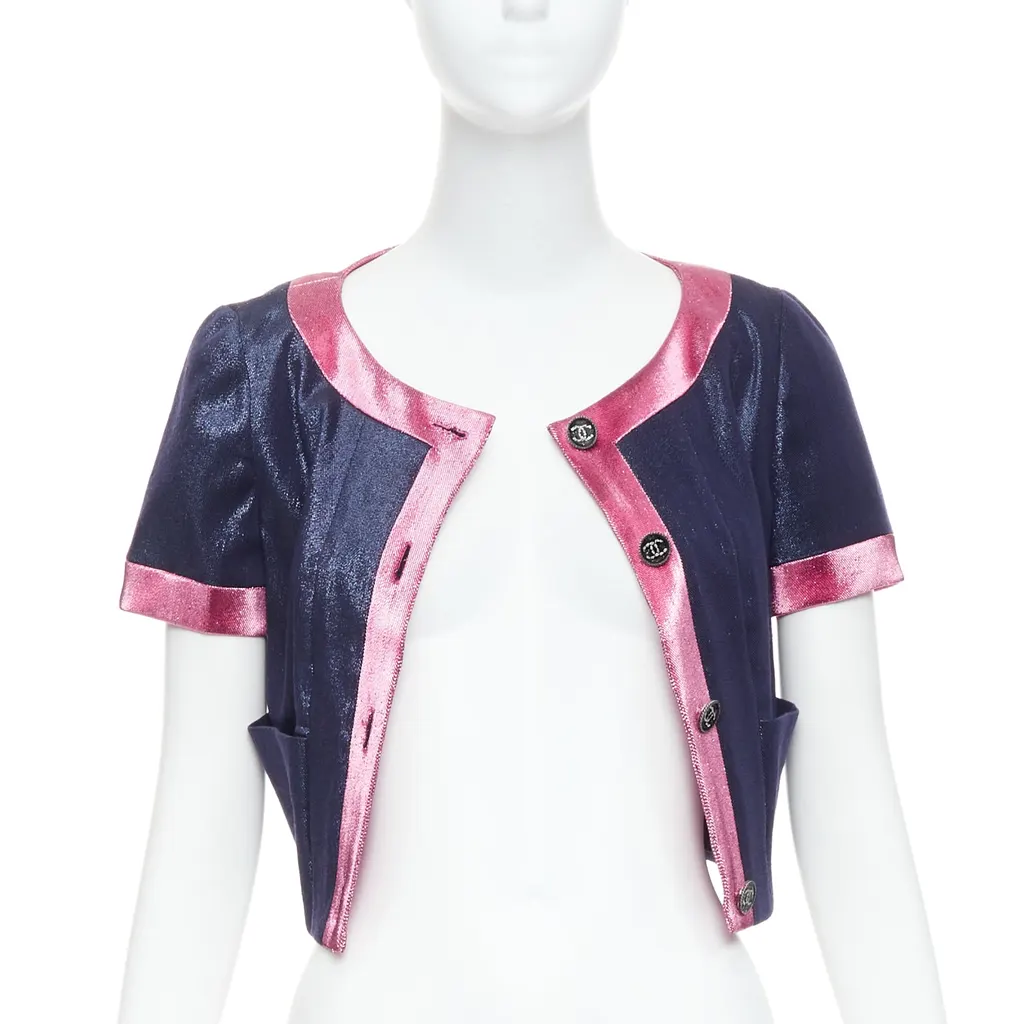 Chanel Navy Metallic Cropped Jacket Pink Wool Never worn, with tag - Inside View