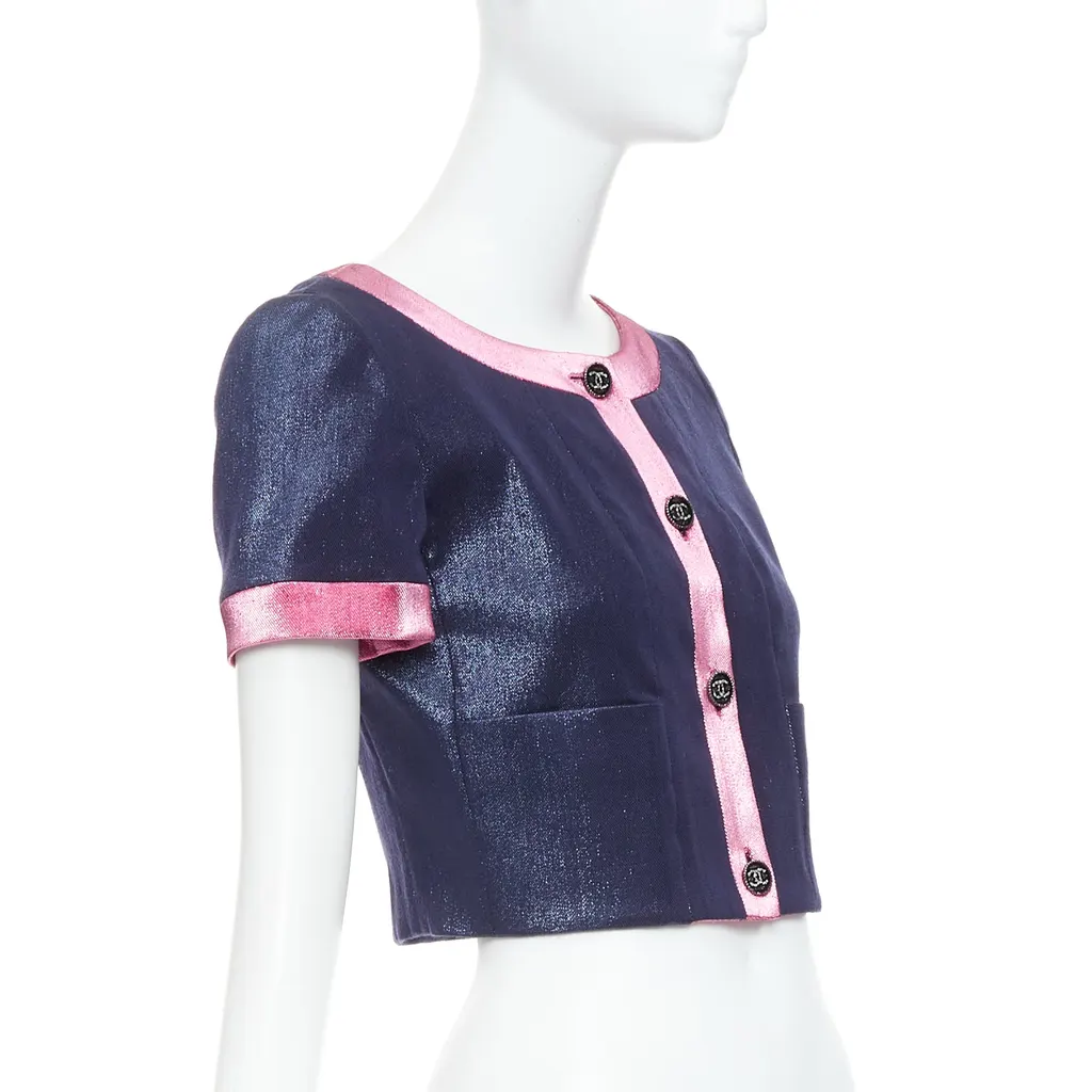 Chanel Navy Metallic Cropped Jacket Pink Wool Never worn, with tag - Model View