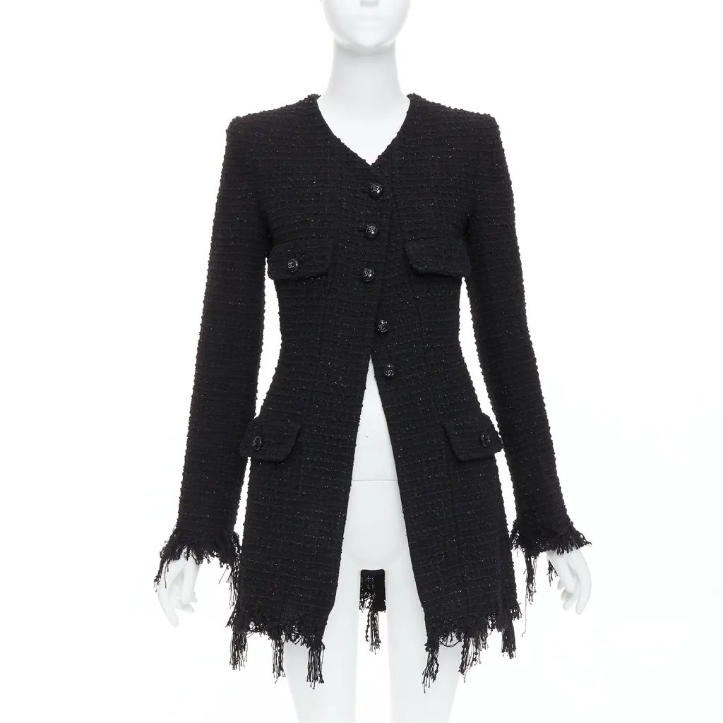 Chanel Black Tweed Fringe Jacket Black Cotton Very good - Front View
