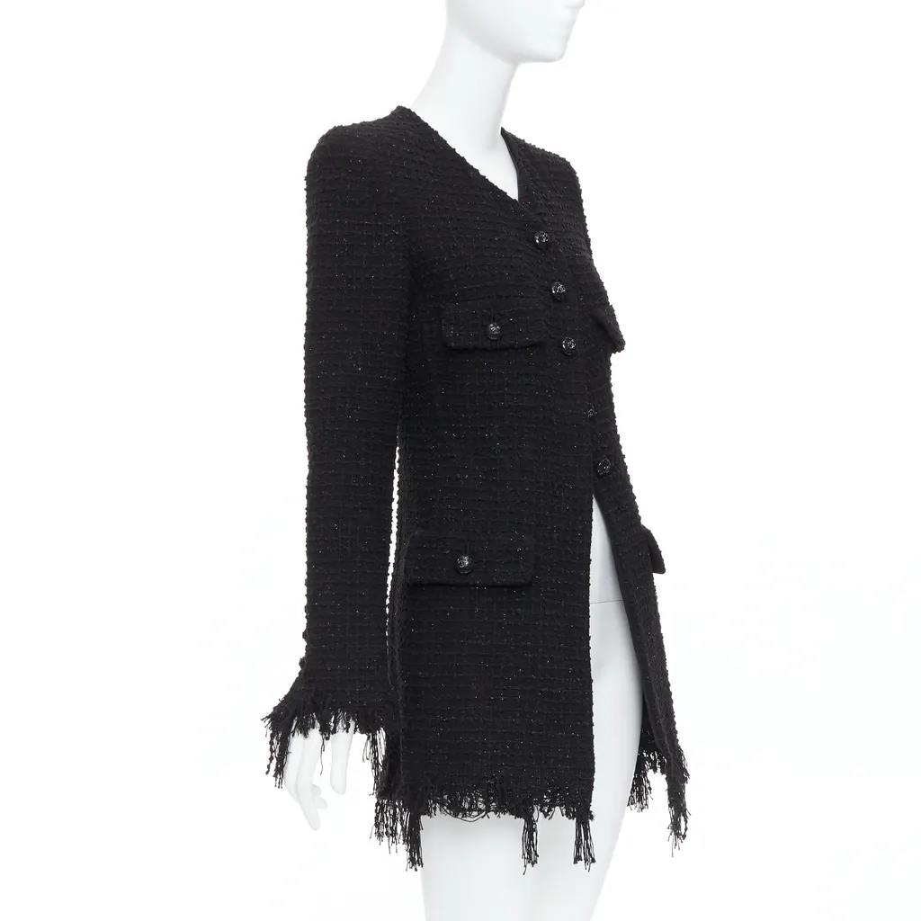 Chanel Black Tweed Fringe Jacket Black Cotton Very good - Model View