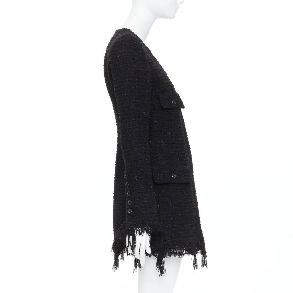 Chanel Black Tweed Fringe Jacket Black Cotton Very good - Box View
