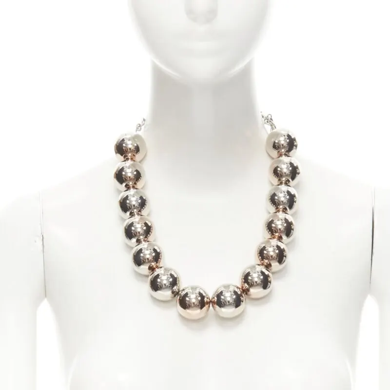 Oscar De La Renta Beaded Ball Necklace Silver Good - Front View