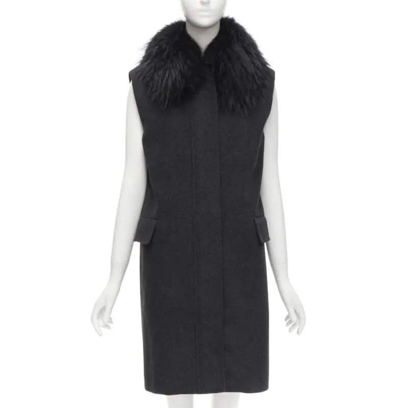 Joseph Black Fur Collar Vest Black Wool Never worn - Front View
