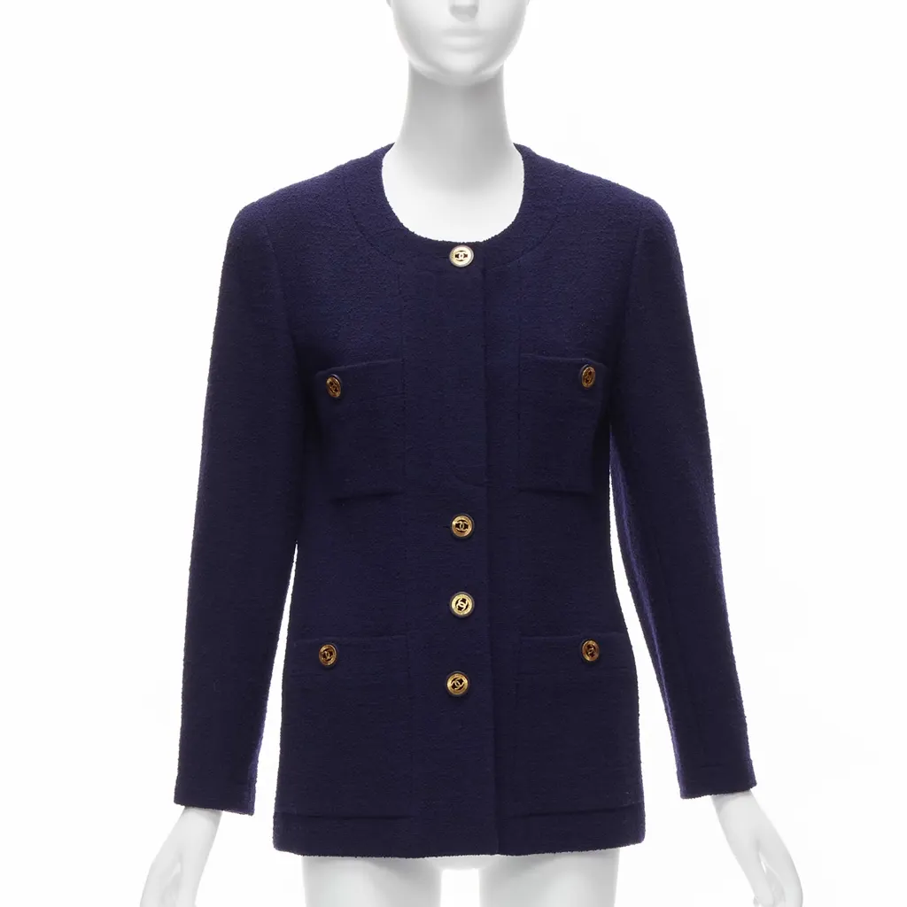 Chanel Navy Gold Pocket Jacket Blue Wool Never worn - Front View