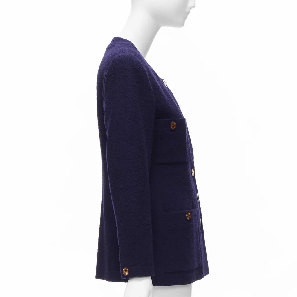 Chanel Navy Gold Pocket Jacket Blue Wool Never worn - Box View