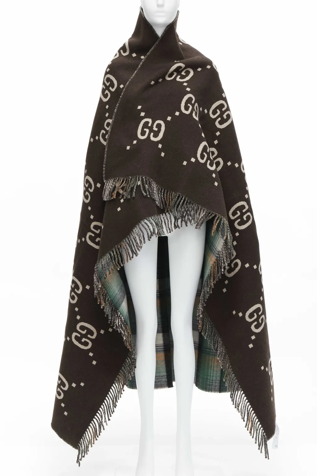 Gucci Plaid Blanket Scarf Green Wool Never worn - Front View
