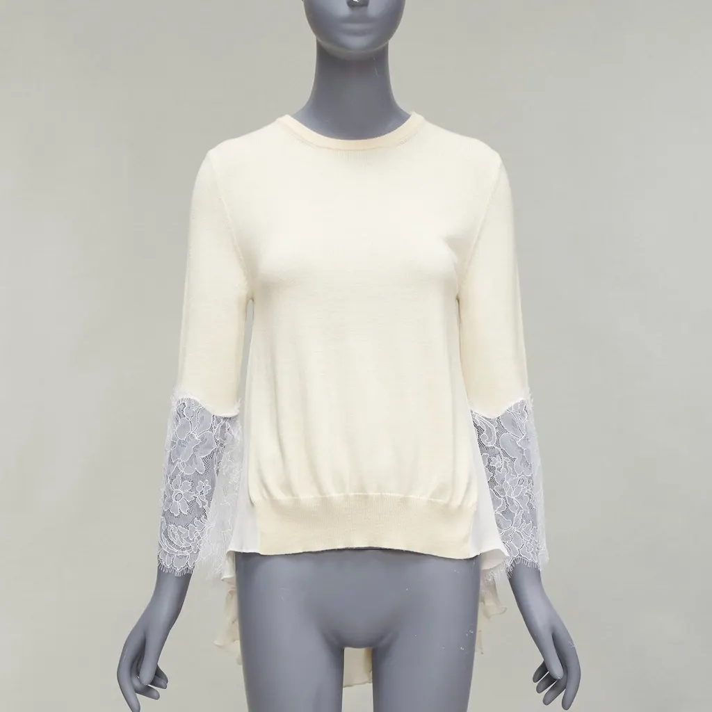 Oscar De La Renta Lace Flare Hem Sweater Beige Wool Very good - Inside View