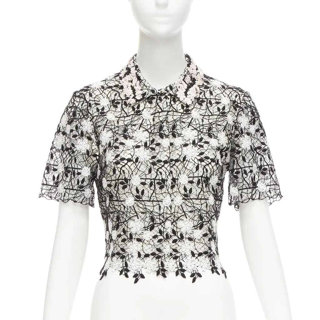Giambattista Valli Lace Applique Shirt Black Cotton Never worn - Front View