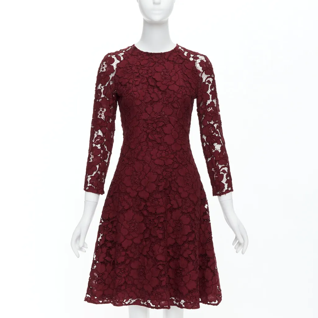 Oscar De La Renta Lace Fit Dress Burgundy Polyester Good - Front View