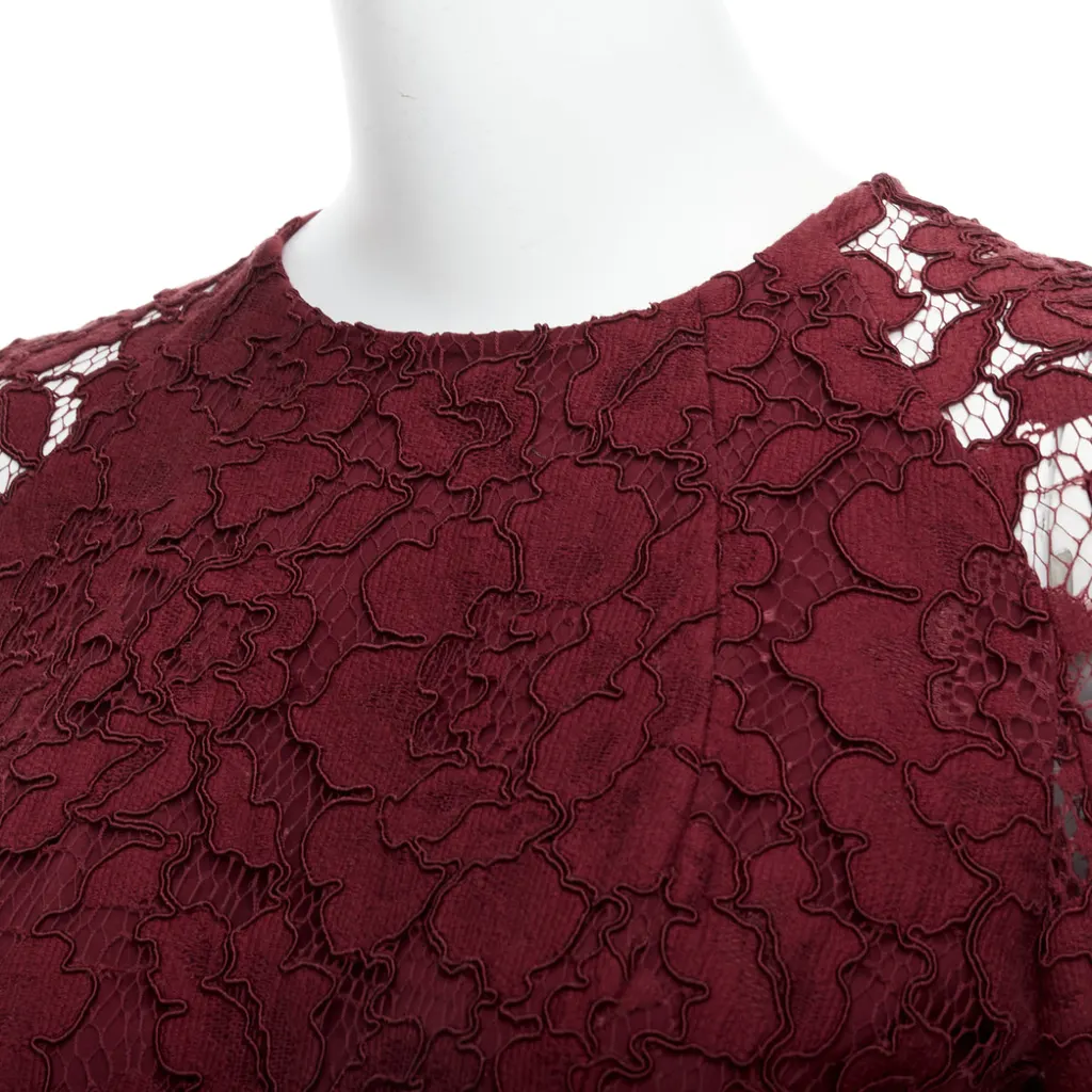 Oscar De La Renta Lace Fit Dress Burgundy Polyester Good - Back View
