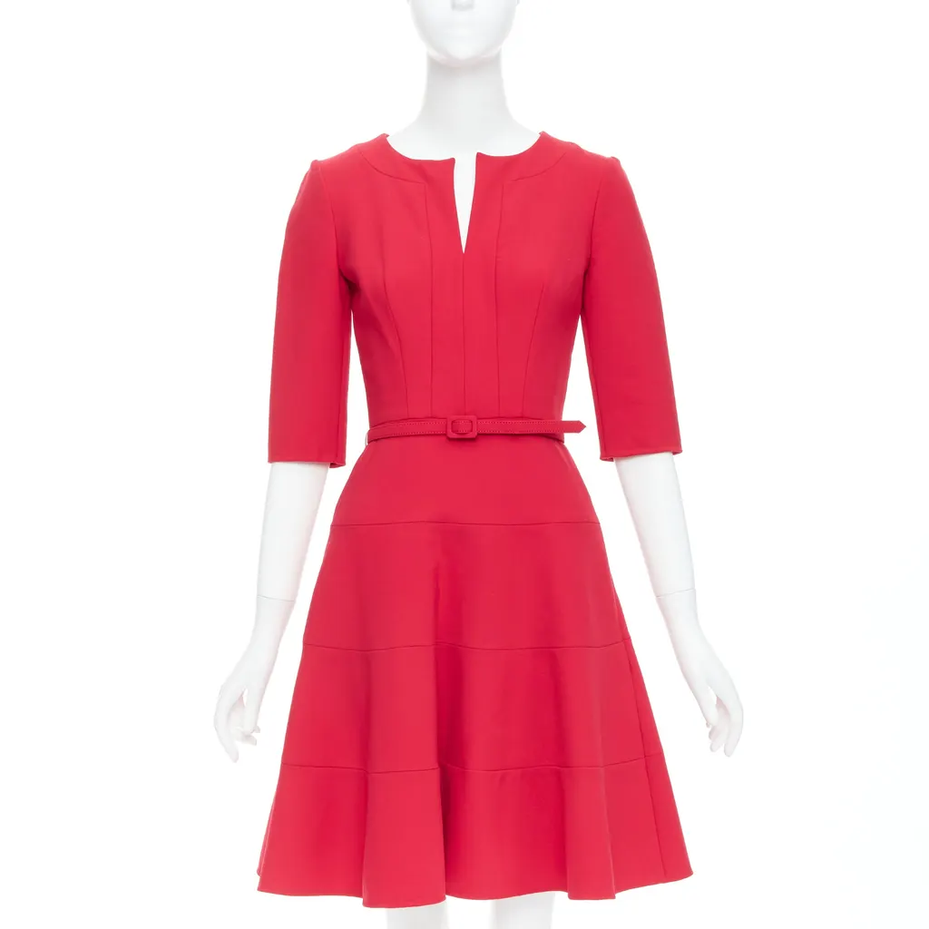 Oscar De La Renta Pleated Belted Dress Red Wool Very good - Front View